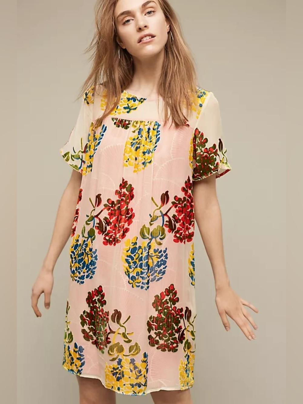 Anthropologie Maeve Market Flower Velvet Burnout Silk Shift Dress Pink Large